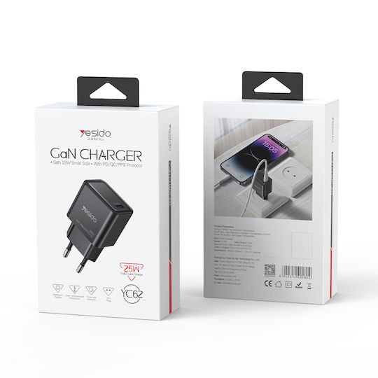 Yesido Yesido GaN Handyladegerät mit USB-C Ausgangsanschluss 25W Stromlieferung Schwarz (YC62)