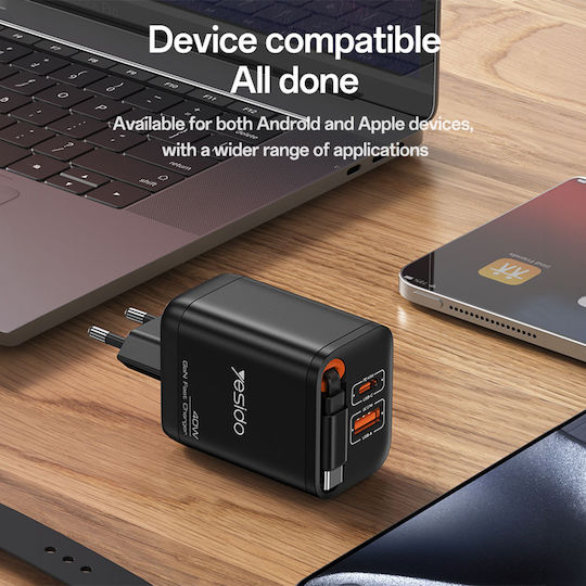 Yesido Charger with Built-in Cable with USB-A Port and USB-C Port 40W Black (YC99)