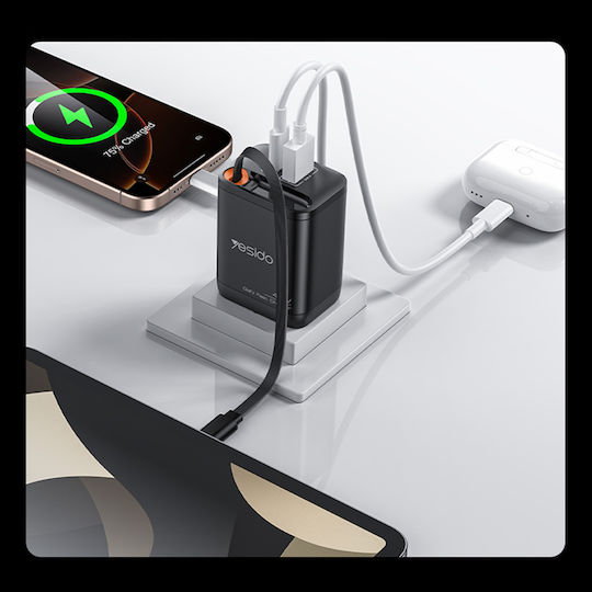 Yesido Charger with Built-in Cable with USB-A Port and USB-C Port 40W Black (YC99)