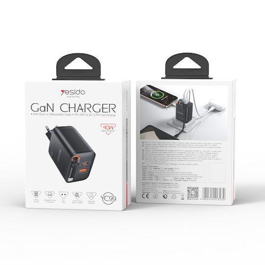 Yesido Charger with Built-in Cable with USB-A Port and USB-C Port 40W Black (YC99)