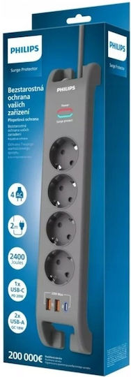 Philips Πολύπριζο Aσφαλείας 4 Θέσεων με USB-A, USB-C και Καλώδιο 2m