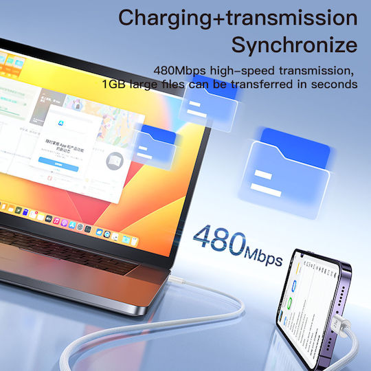 Yesido Braided USB-C to Lightning Cable 27W Λευκό 1.2m