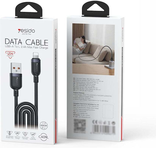 Yesido Braided USB-A to Lightning Cable 12W Μαύρο 3m