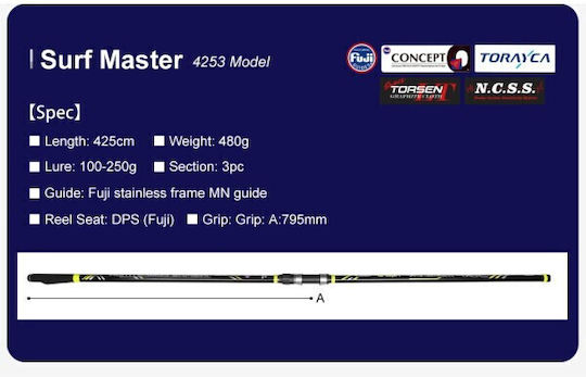 Surf Casting Set Rod Noeby Surf Master Hybrid 4.25m C.w:100 250g Toray Japan Carbon Fuji Guides Reel Noeby Legend 7 6000 Max Drag 25kg