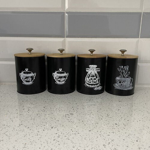 Set of 4 Coffee Sugar Pasta Cereal Jars with Metallic Black Lid 11x11x17cm 4 Pieces