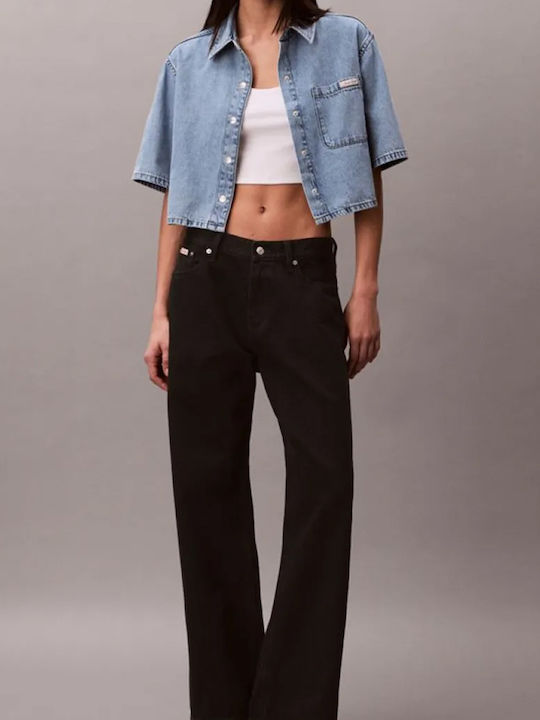Short Sleeve Women's Denim Shirt Vintage Moss