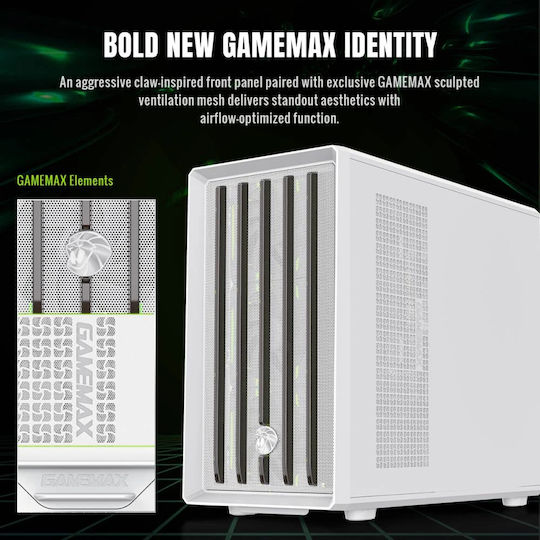 GameMax CLAW 360 Gaming Mini Tower Κουτί Υπολογιστή με Πλαϊνό Παράθυρο και ARGB Φωτισμό Λευκό