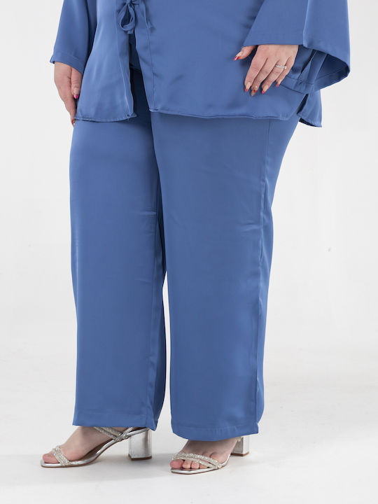 Damen Blaues Satz mit Gummibandhose in Gerader Bein Stil