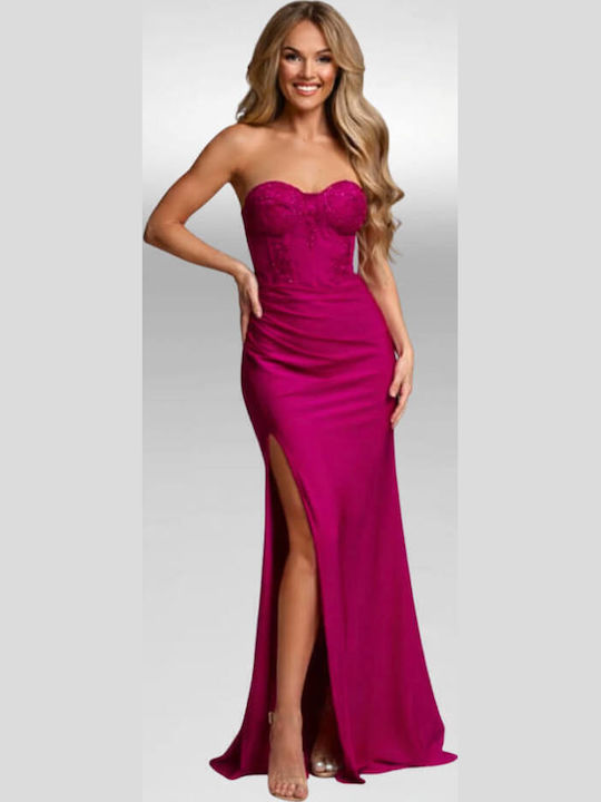 Καλοκαιρινό Maxi Φόρεμα για Γάμο / Βάπτιση Strapless Σατέν Φούξια