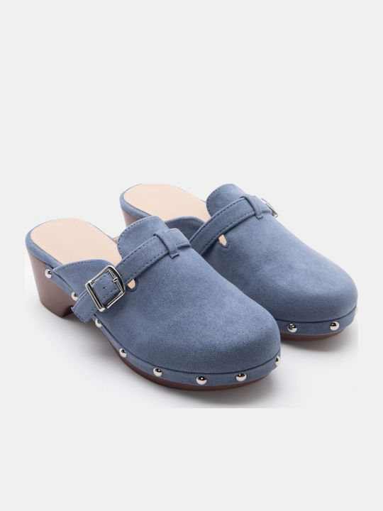 Suede Mules With Low Heel In Blue Colour