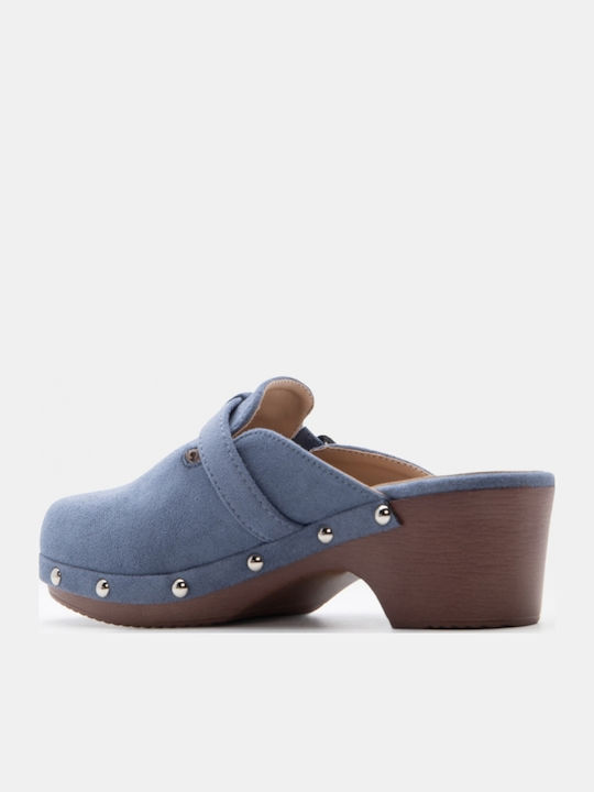 Suede Mules With Low Heel In Blue Colour