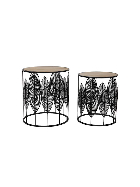 Round Side Table Leaf Wooden Black / Natural 2 Pieces W40xL40xH45cm
