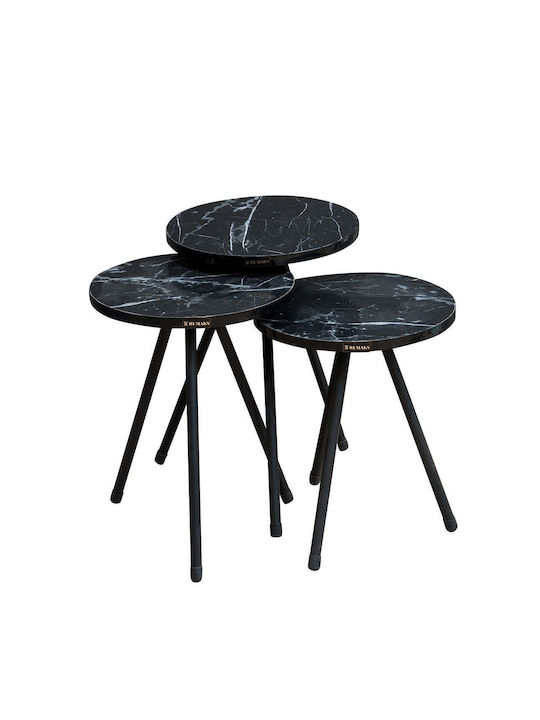 Round Side Table Uba Wooden Black Marble Finish 3 Pieces M33.5xL33.5xH52cm