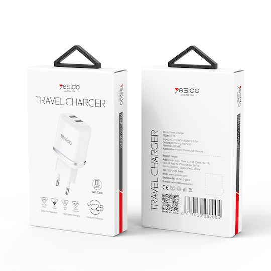 Yesido Charger with 2 USB-A Ports and Cable micro USB Whites (YC26)