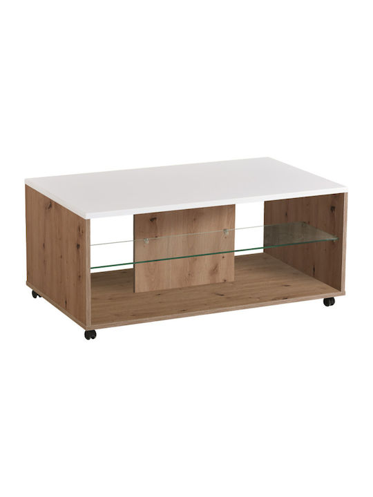 Rectangular Central Coffee Table Bert Wooden with Wheels Artisan Oak White Lacquer M101xW60xH45cm