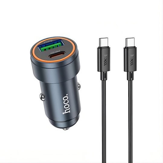 Hoco Автомобилен Зарядно Устройство 30W 3A Бързо Зареждане с Портове 1xUSB-A 1xType-C с Type-C Кабел Черен Цвят
