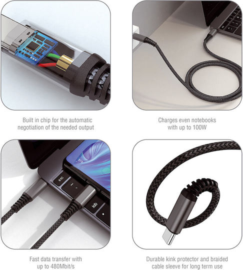 4Smarts Braided USB 2.0 Cable USB-C Male - USB-C 100W PD Black 1.5m