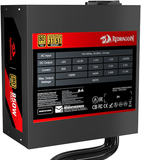 Redragon 850W Μαύρο Τροφοδοτικό Υπολογιστή Full Wired 80 Plus Gold (GC-PS007-SE)