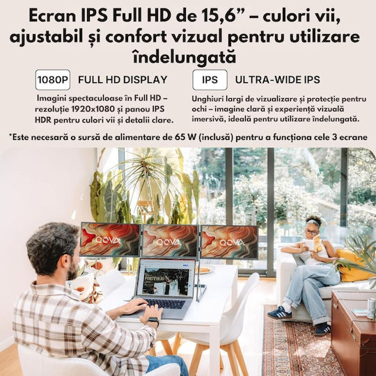 Qova Monitor Portabil Triplu Extensibil Pentru Laptop 15.6 Inch Full HD IPS 3 Monitor Extensor Ecran 1080p Conexiune USB-C HDMI 60Hz 300 Nits Compatibil Windows Mac Linux Suport Reglabil Plug And Play Display 16:9 Laptopuri 11-18 Inch