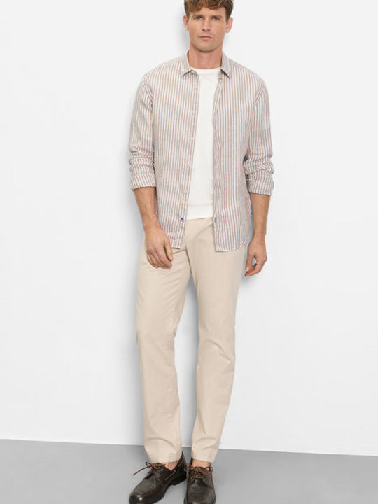 Long Sleeve Linen Shirt Striped Beige