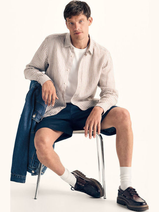 Long Sleeve Linen Shirt Striped Beige