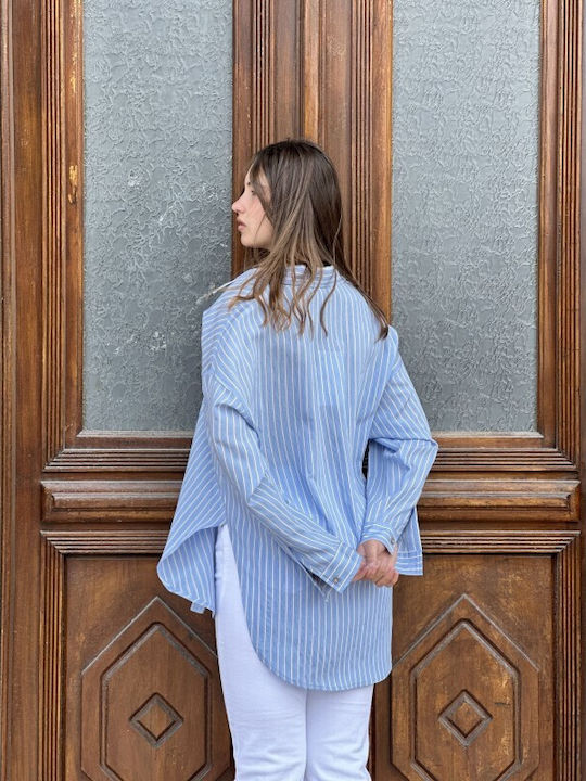 Long Sleeve Women's Light Blue Striped Shirt