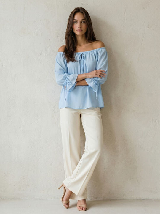 Γυναικεία Μπλούζα Off-Shoulder Μακρυμάνικη Σιέλ