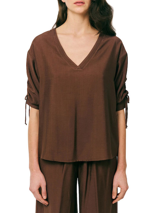 Women's Summer Linen Blouse with V Neckline Chocolate
