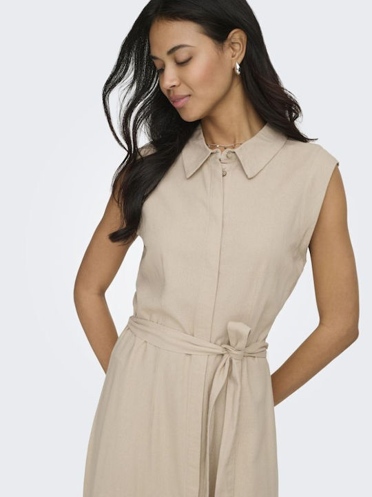 Καλοκαιρινό Midi Σεμιζιέ Φόρεμα Αμάνικο Oxford Tan