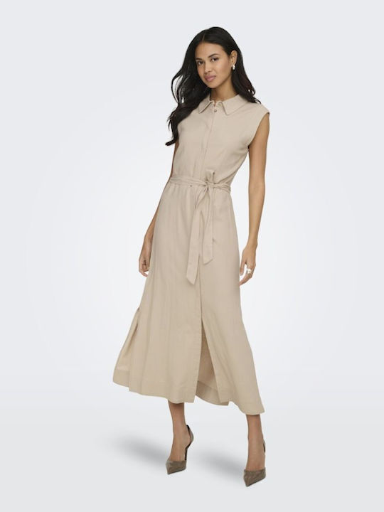 Καλοκαιρινό Midi Σεμιζιέ Φόρεμα Αμάνικο Oxford Tan