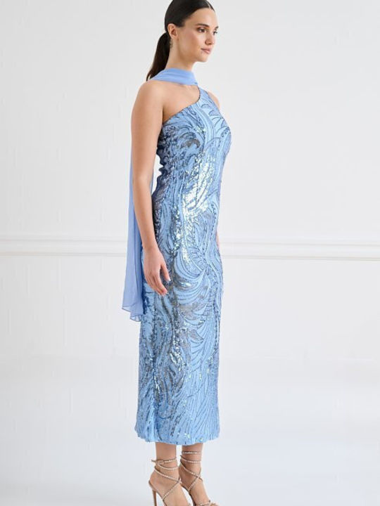 Rochie de Vară Midi de Seară cu Plasă Albastră