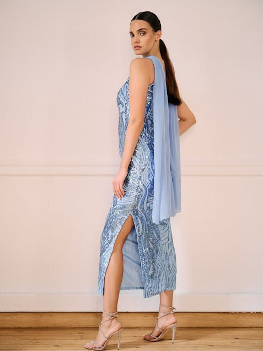 Rochie de Vară Midi de Seară cu Plasă Albastră
