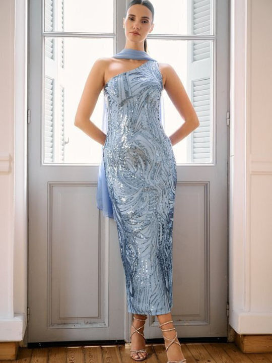 Rochie de Vară Midi de Seară cu Plasă Albastră