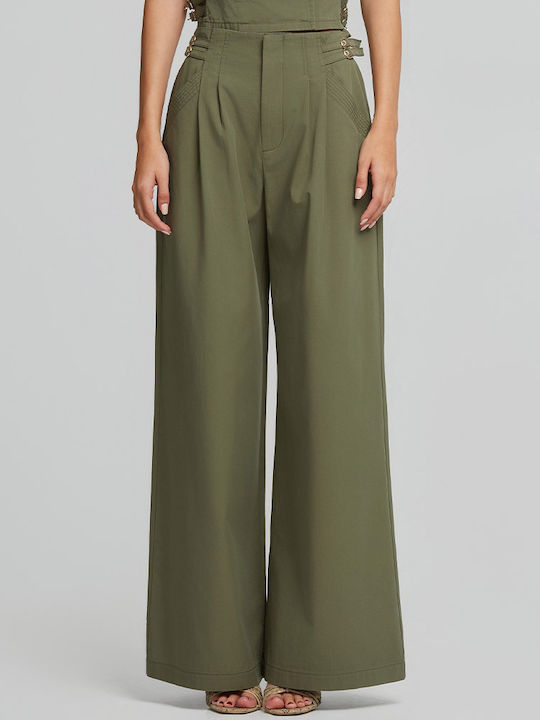 Women's High Rise Fabric Trousers in Loose Fit Khaki