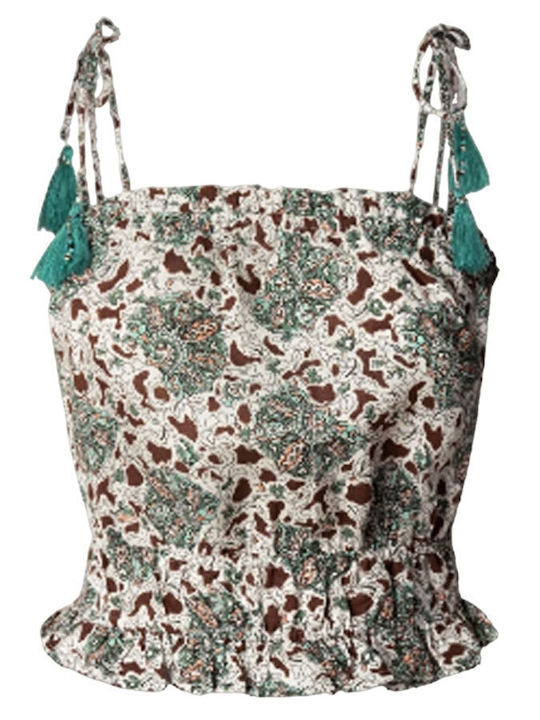 Women's Summer Linen Blouse with Spaghetti Straps Floral Hydro Green