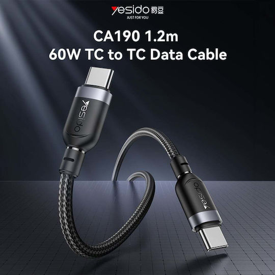 Yesido Braided USB 2.0 Cable USB-C male - USB-C 60W Μαύρο 1.2m