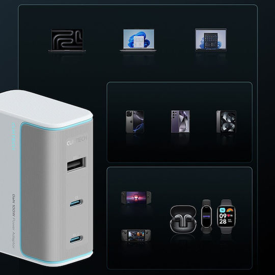 Cuktech Φορτιστής GaN με Θύρα USB-A και 2 Θύρες USB-C και Καλώδιο USB-C - USB-C 100W Λευκός (AD1003EU)