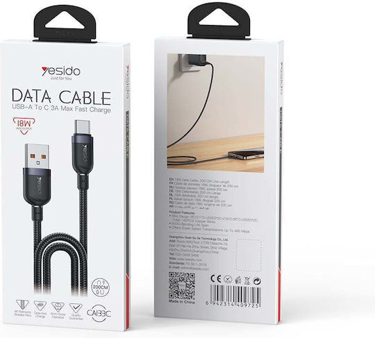 Yesido Плетен USB 2.0 Кабел USB-C Мъжки - USB-A 18W Черен 2м