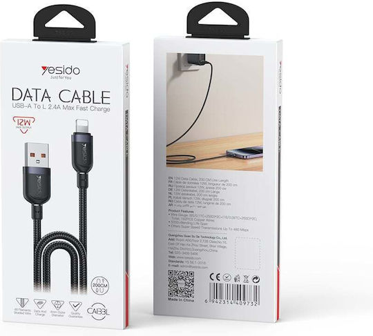 Yesido Braided USB-A To Lightning Cable 12W Black 2m