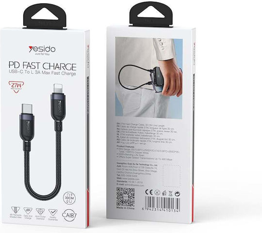 Yesido Braided USB-C to Lightning Cable 27W Μαύρο 0.3m