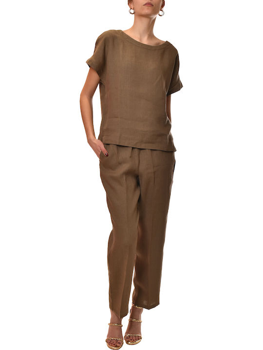 Women's Fabric Trousers with Rubber Band Brown