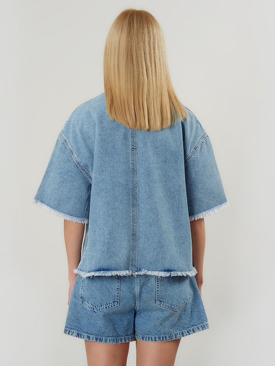Long Sleeve Women's Denim Shirt Blue 4765540003-Blue