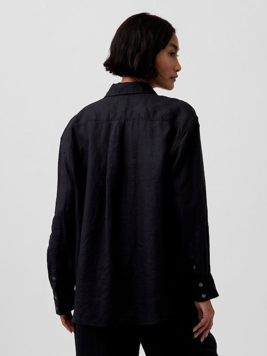 Long Sleeve Women's Linen Shirt Black