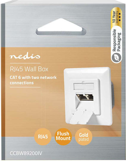 Nedis Priză Dublă Femelă Rj45 Cat6 Ethernet de Perete pentru Rețea Albă