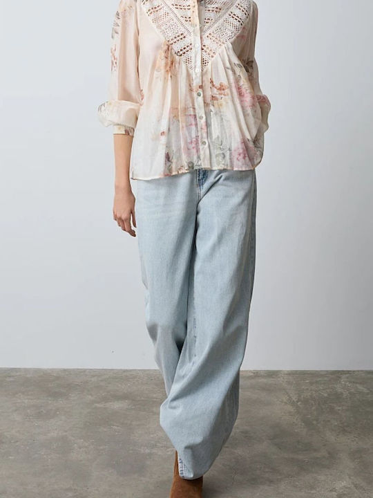 Long Sleeve Women's Shirt Ivory Floral
