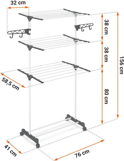 Smartic Folding Floor Clothes Drying Rack Metallic with Wheels with Hanging Length 15m
