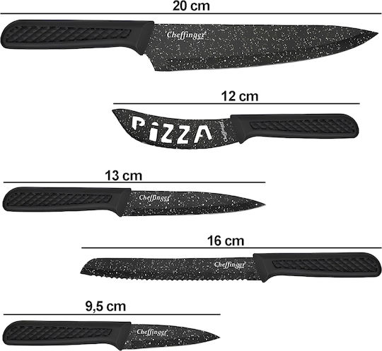 Cheffinger Set 6 Knives Peeler Non-stick Pizza Cutter Black