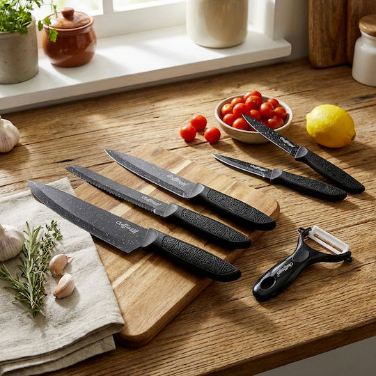 Cheffinger Set 6 Non-stick Marble-effect Knives Peeler Black