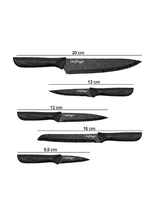 Cheffinger Set 6 Non-stick Marble-effect Knives Peeler Smooth Handles Black