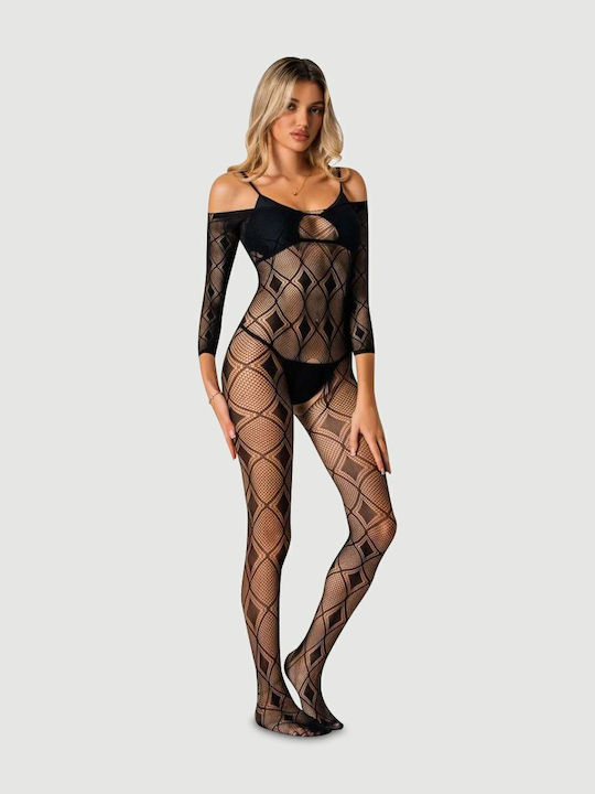Sexy Mesh Bodystocking Open Crotch Diamond Pattern Crotchless Bodystocking Black